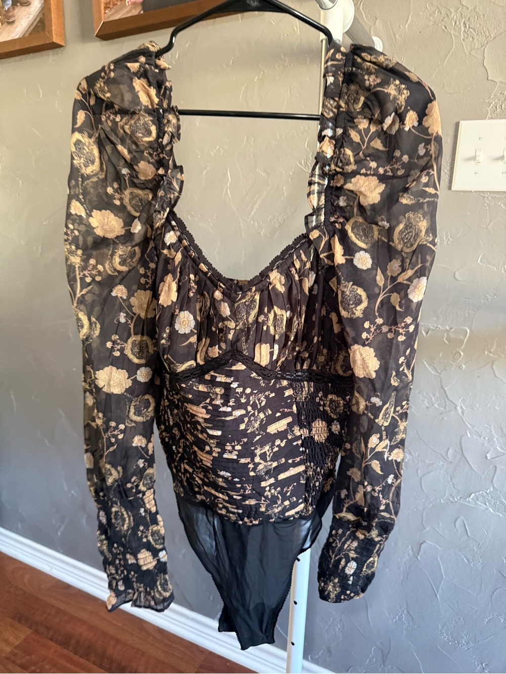 Free People Black Bodysuit with Gold Floral Print